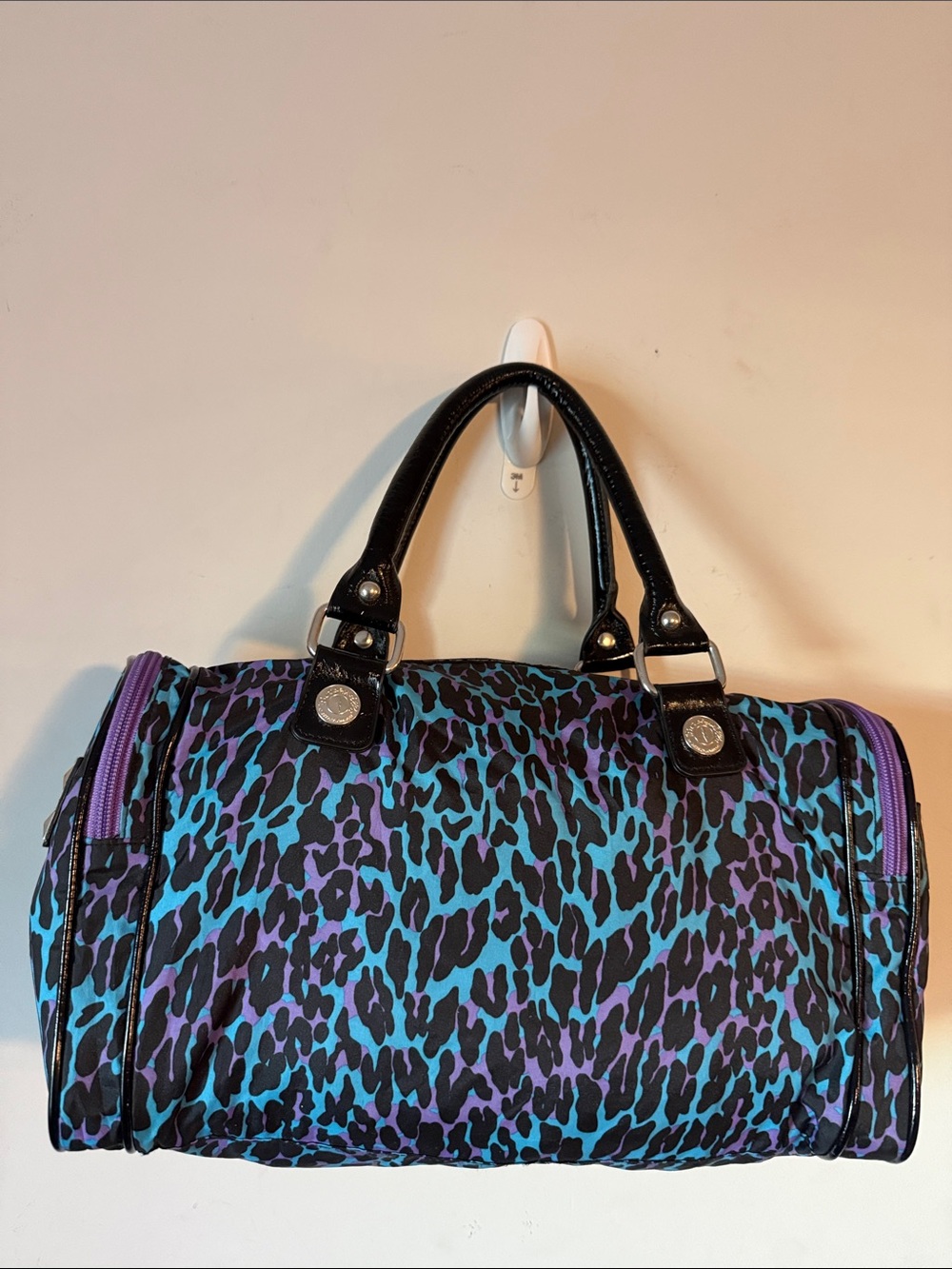 Betsey Johnson Purple & Teal Animal Print Duffel Satchel Handbag - Picture 3 of 15